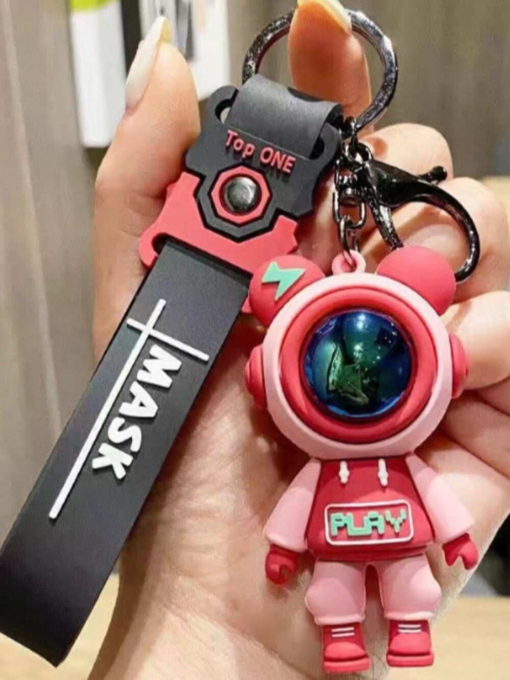 Cool Pink Spaceman Bear Keychain with Black Strap Handbag Charm Gift